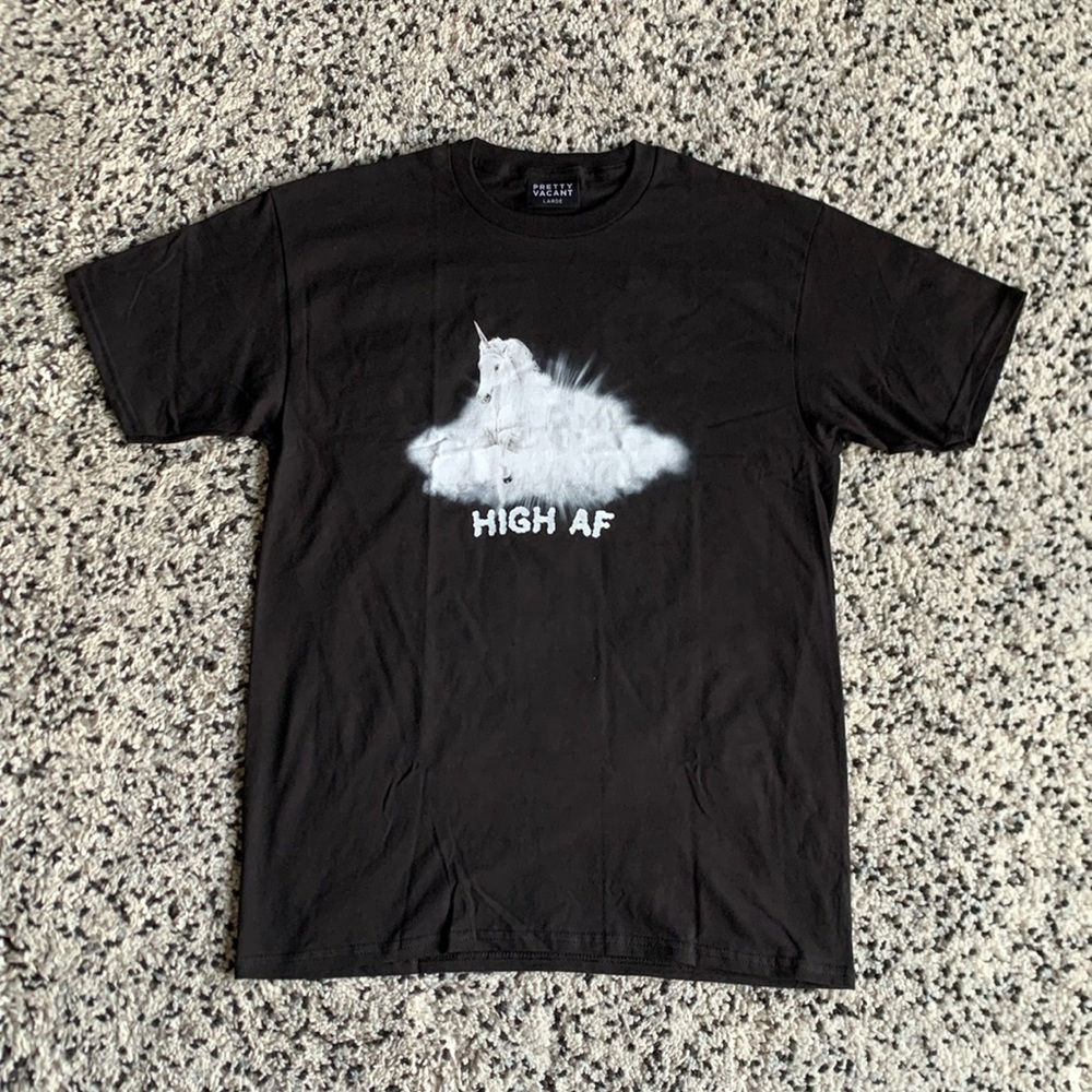 Pretty Vacant T-Shirt Men’s Short Sleeve Black White High AF Unicorn Graphic L
